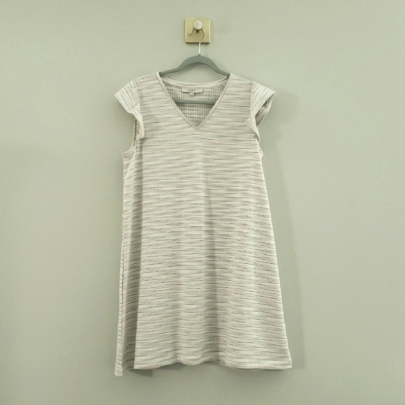 Loft Mini Sundress Large White Multicolor Stripes Shift Flutter Cap Sleeve Beach - Picture 1 of 11